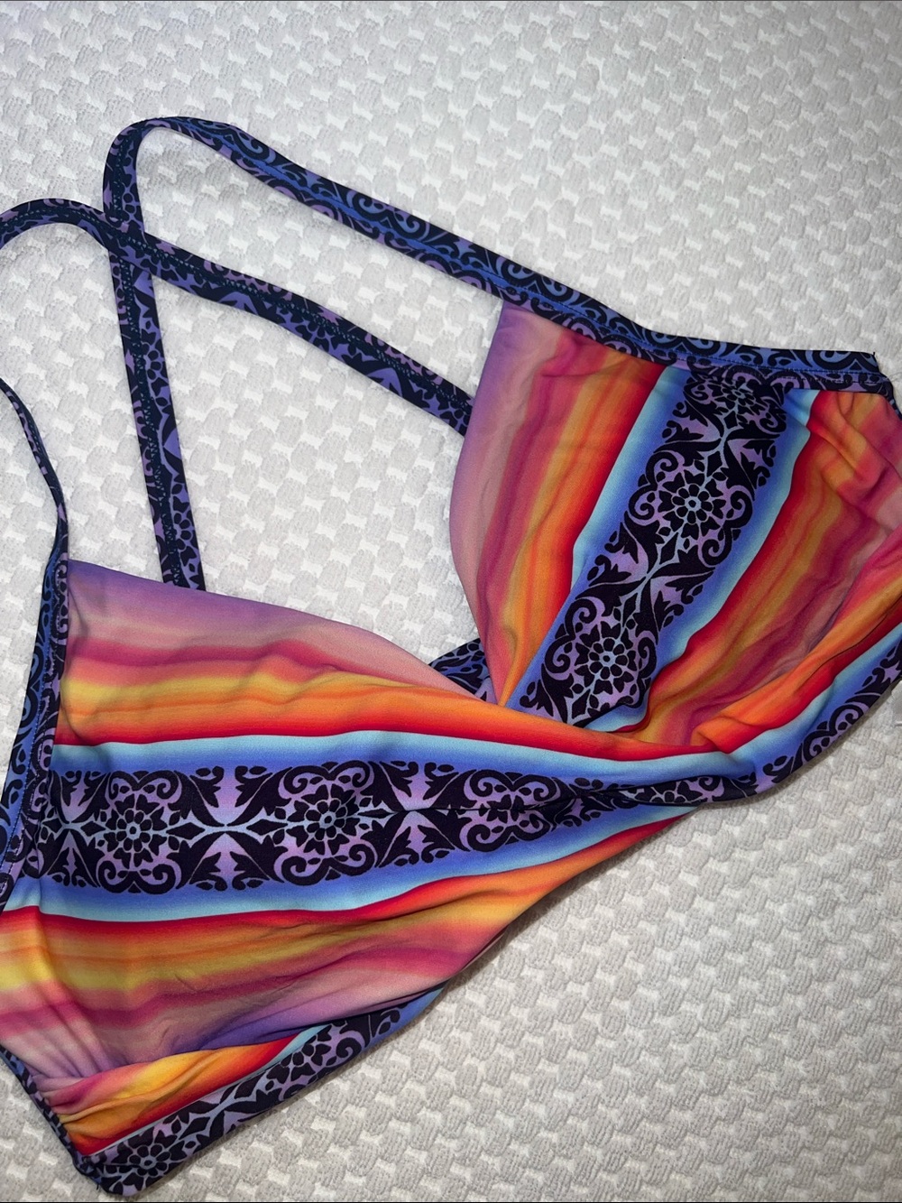 Colorful Striped Bikini Top sz 12 Black Damask Accents great tie back design B34